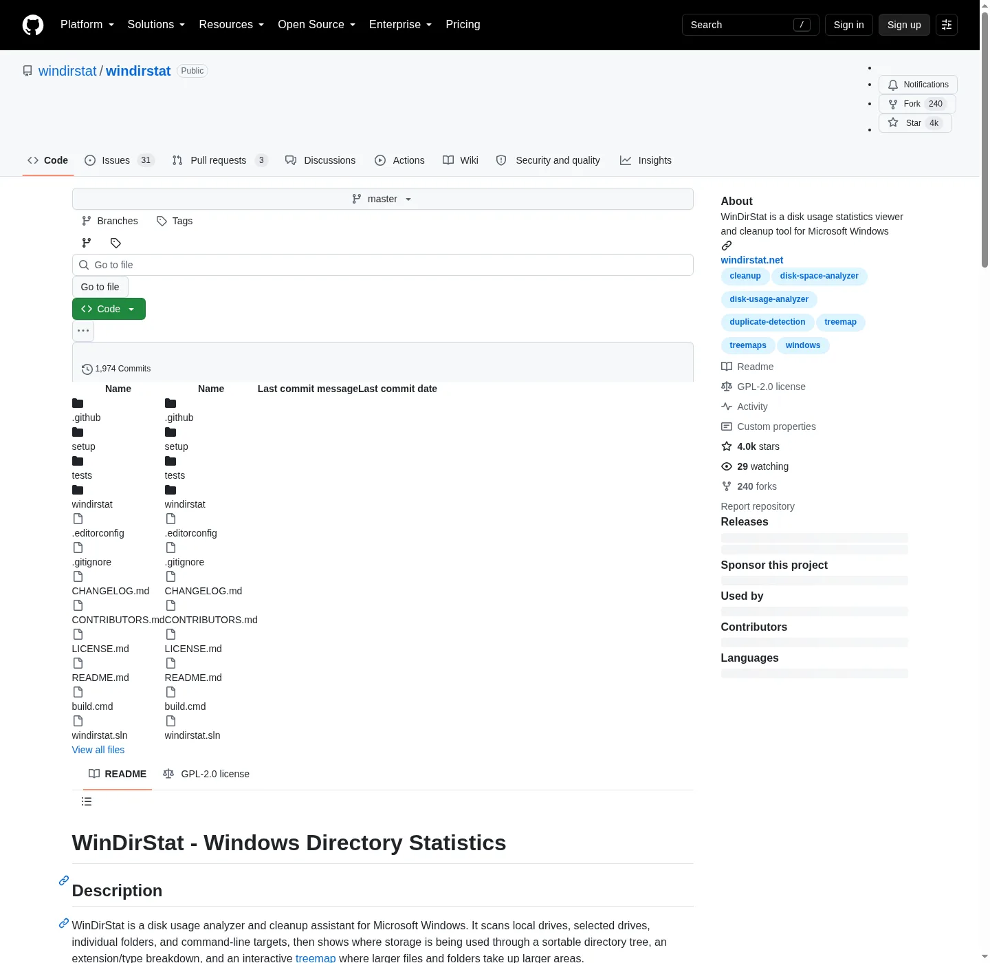GitHub repository page for windirstat/windirstat with the source tree on master, the About panel describing a disk usage statistics viewer, GPL-2.0 license, and the start of the README.